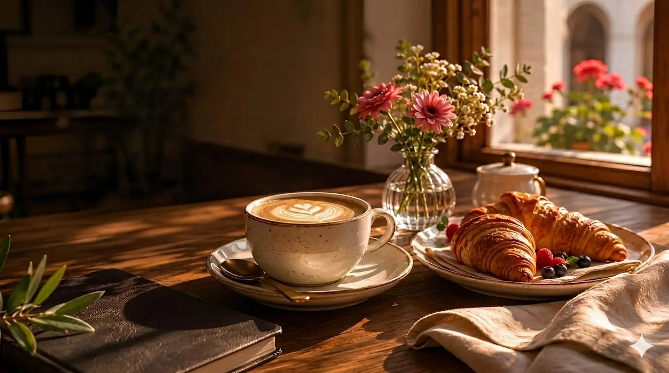 Café de especialidad recién servido con flores en mesa de madera · Ari Qipay